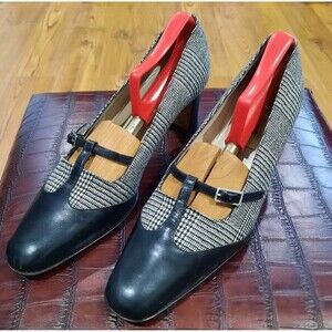 10 M Vtg Talbots Black White Fabric Leather Houndstooth Classic Pumps Mid Heel